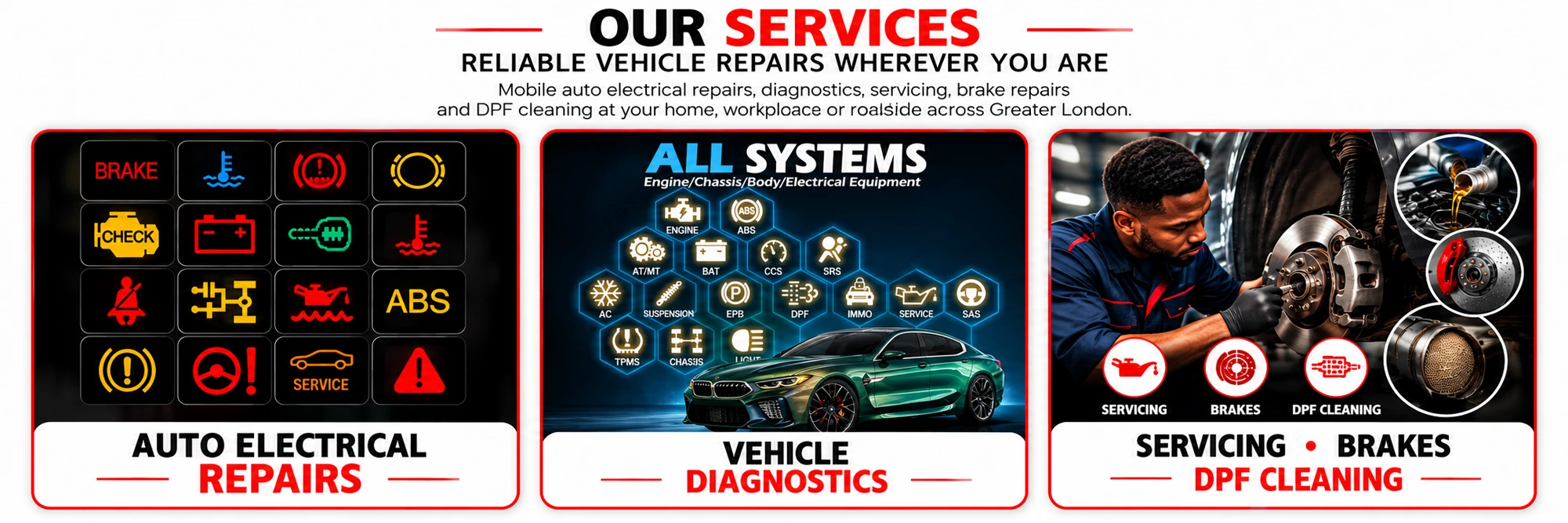 One Time Auto Electrical Repairs service menu — auto electrical repairs, vehicle diagnostics, vehicle servicing, brake repairs and DPF cleaning across Greater London