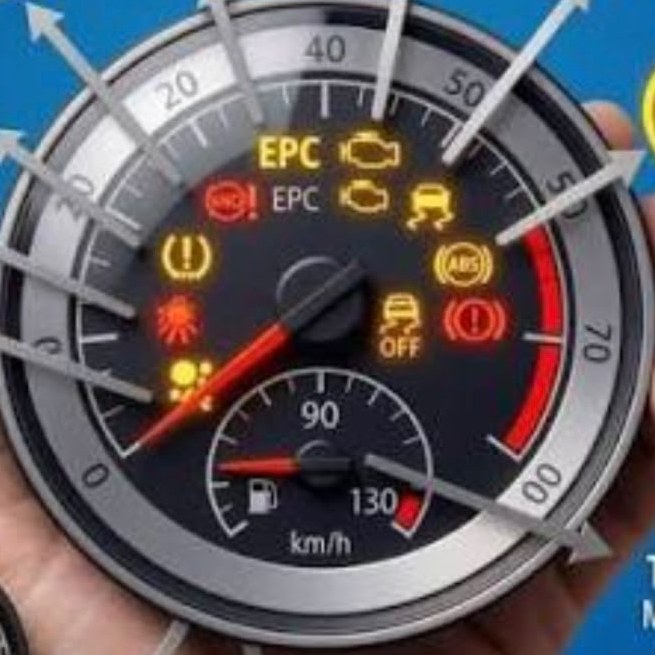 Car dashboard gauge with illuminated engine, ABS, battery and service warning lights awaiting diagnosis