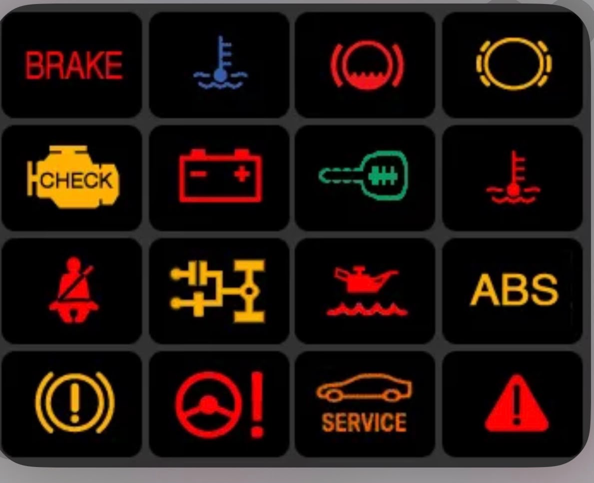 Car dashboard warning lights, including engine, battery, ABS and service indicators, ready for diagnostic scanning